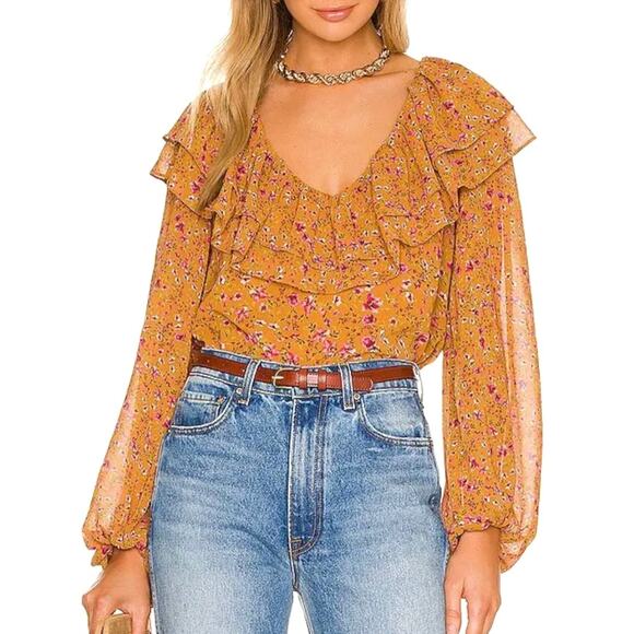 Tularosa Tops - Tularosa Orion Top Peasant Blouse Floral Yellow Long SleeveSz S Ruffle